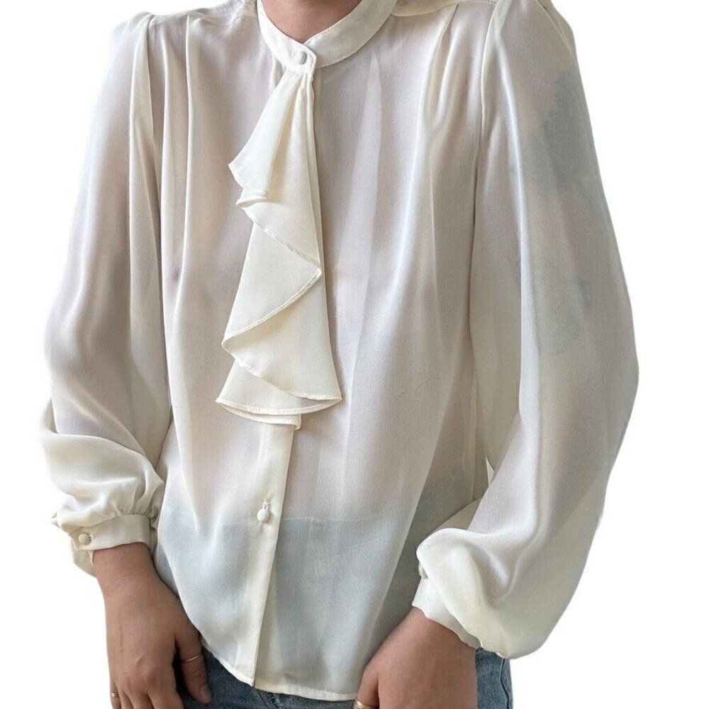 Vintage 1990s Womens White Sheer Romantic Ruffle Light Academia Blouse Sz S